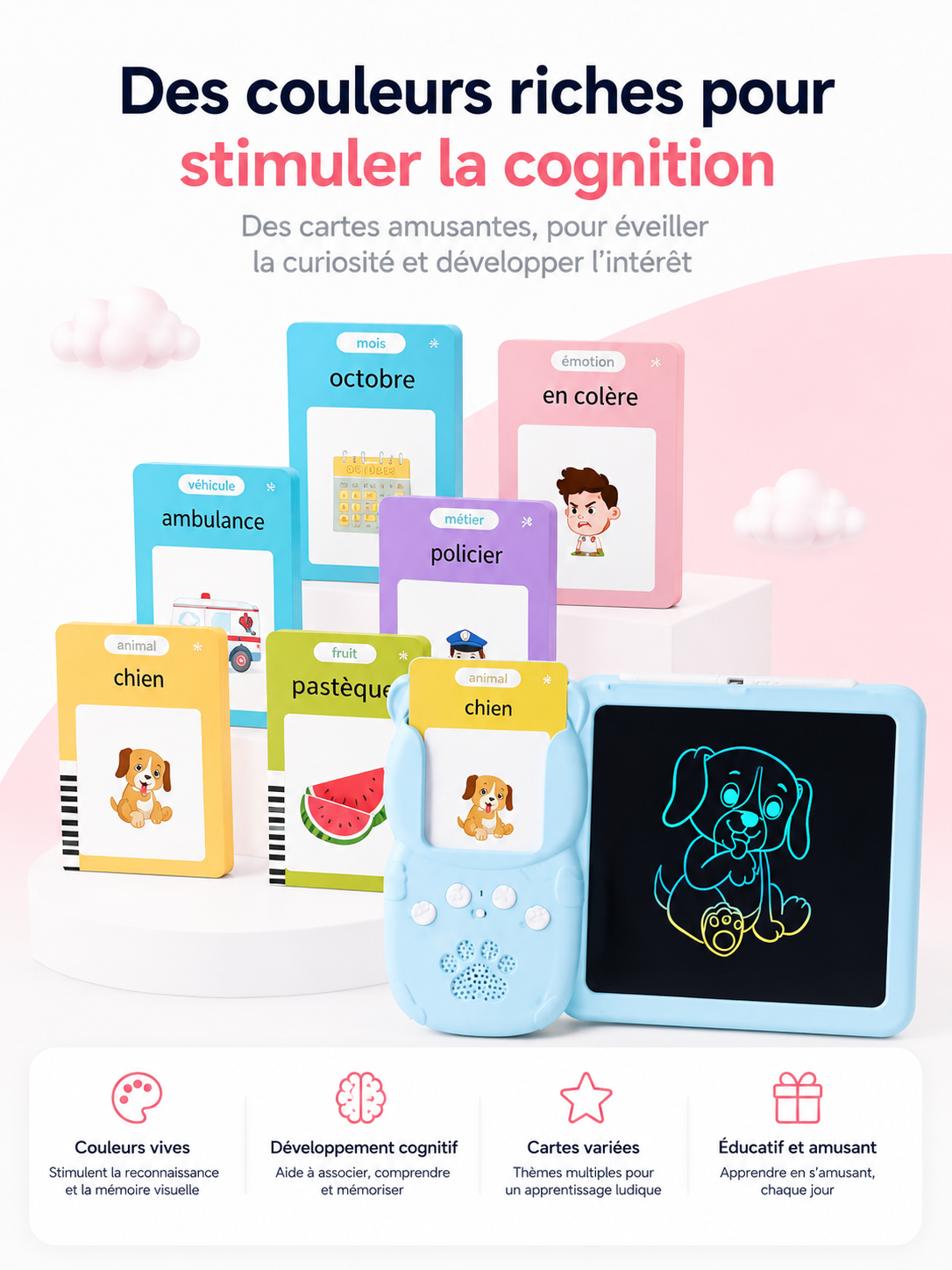 Tablette Educative Parlante avec Cartes Interactives & Ecran d’Ecriture LCD Pour Enfants