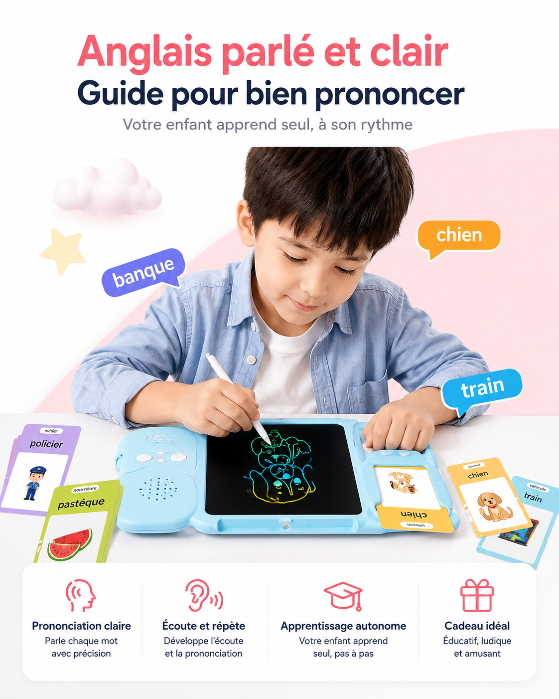 Tablette Educative Parlante avec Cartes Interactives & Ecran d’Ecriture LCD Pour Enfants