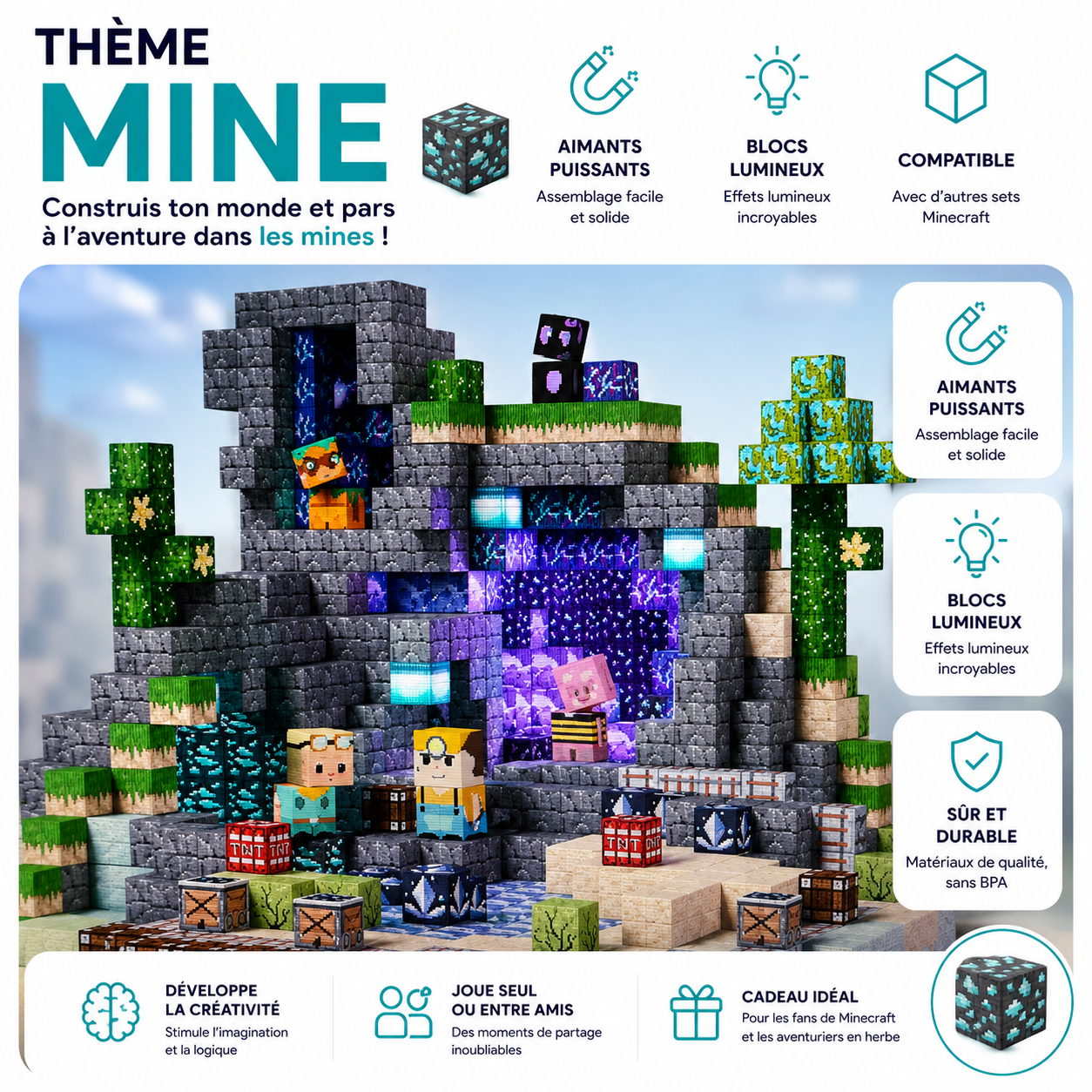 Bloc Minecraft Magnétique de Construction